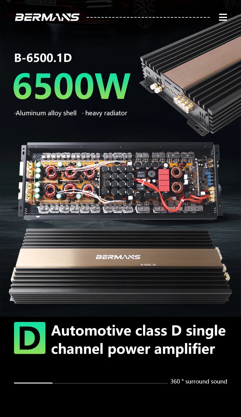 Competition grade 6500W mono car audio amplifier, low distortion, smooth sound quality, 0.5,1 ohm single-stage D high-power car